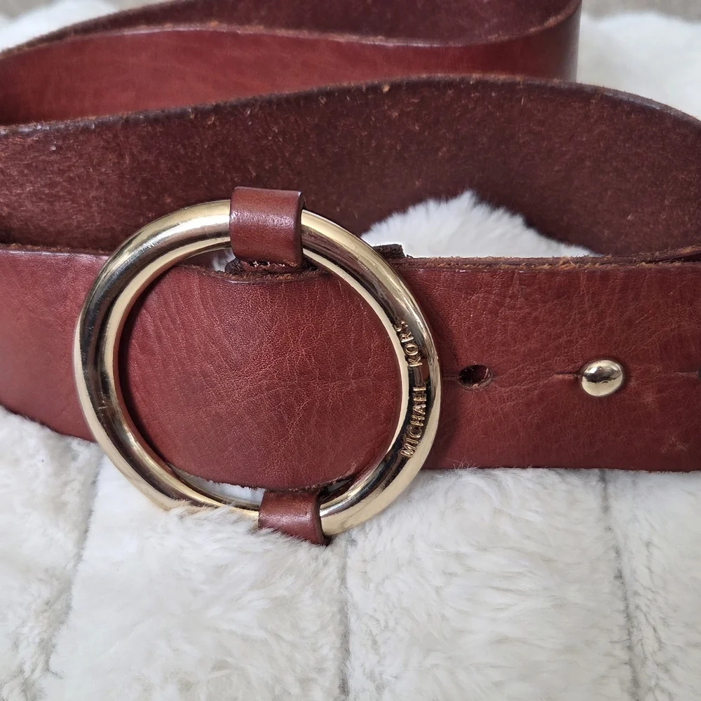 Vintage Michael Kors Y2K Genuine Leather Wide Brown Boho‎ Belt XL -Gold Buckle